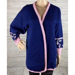 Willow Ridge True Vintage Cardigan Sweater Small Navy Blue Pink Floral Trim Knit